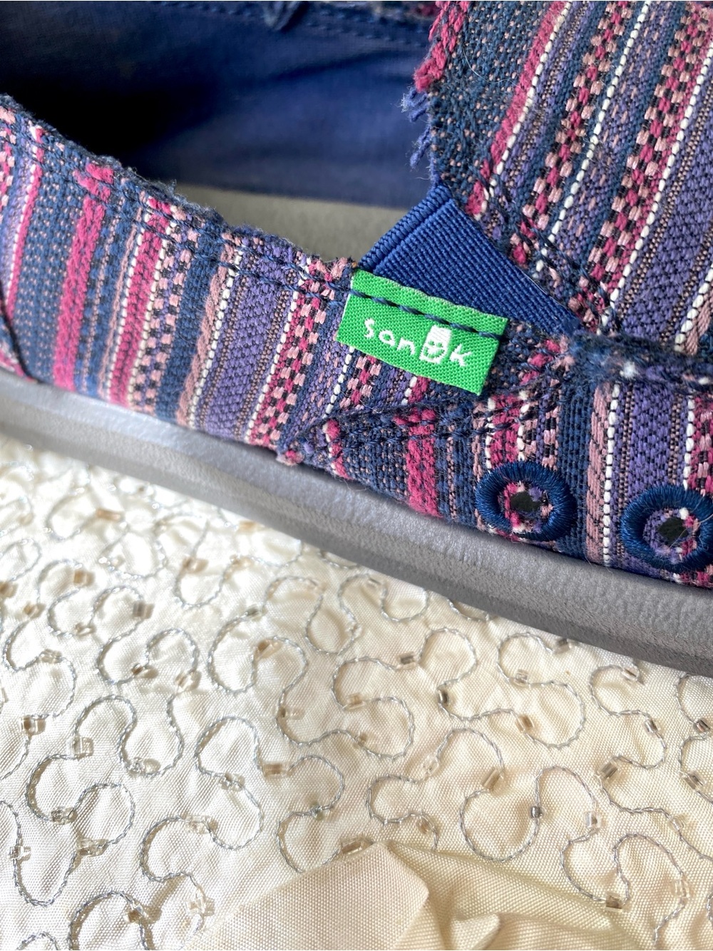 Sanuk Purple Multicolored Striped Donna Caroline Slip On Canvas Shoes Women Sz 7 - Picture 11 of 15